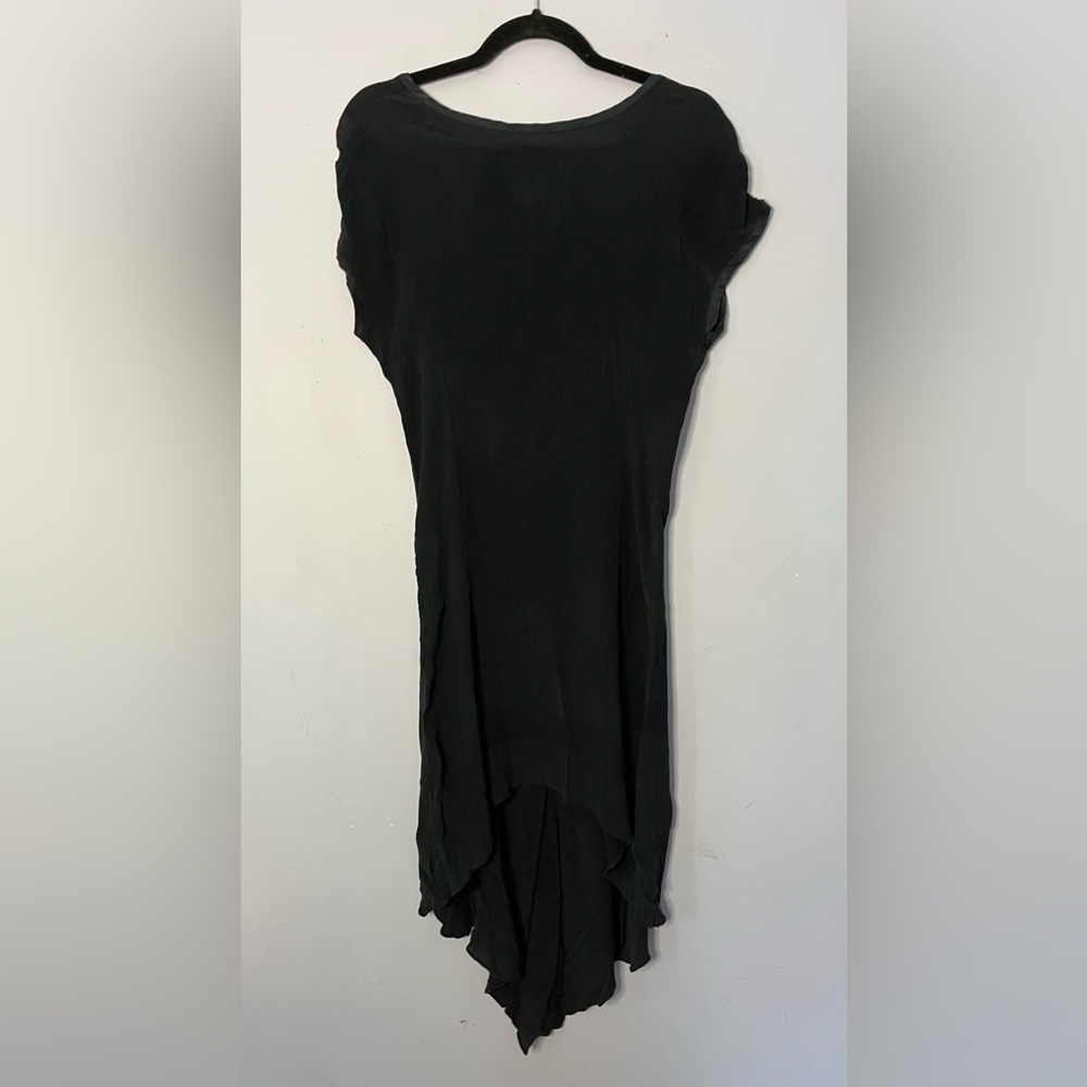Chic Navy Blue Crinkle Silk Short Sleeve High Low Dress